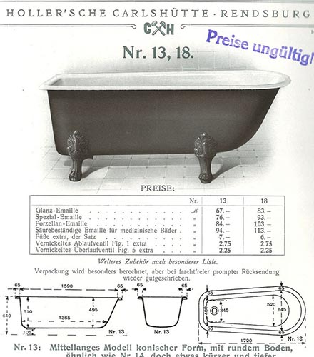 1914年的浴缸宣传册：浴缸脚必须单独订购。自1937年开始，铸铁首次替换为炻瓷，然后是混凝土。