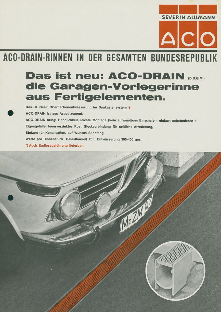 1969年，ACO DRAIN的第一批宣传册。初期的主要材料是纤维水泥，也被称为石棉水泥或Eternit，管道和板材大多由这种材料制成，原材料由不来梅的一家制造商直接供应。